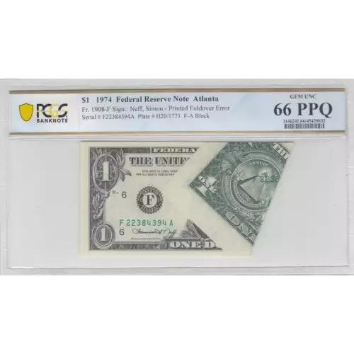 $1 1974 Green seal. Small Size $1 Federal Reserve Notes 1908-F